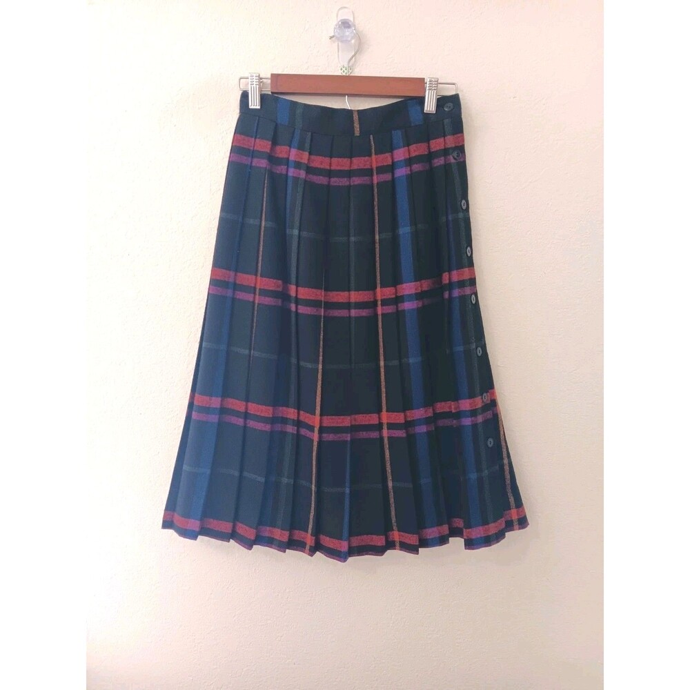Vintage Plaid Pleated Midi Skirt Made in USA Wool Blend Side Button Academia